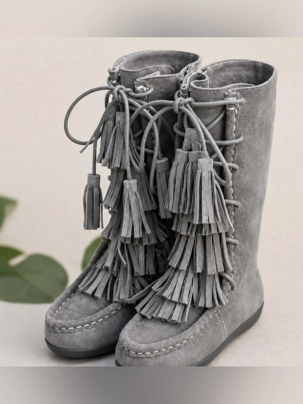 Joyfolie Gray Suede Lace-Up Fringe Boot. Great Condition. Size 12t